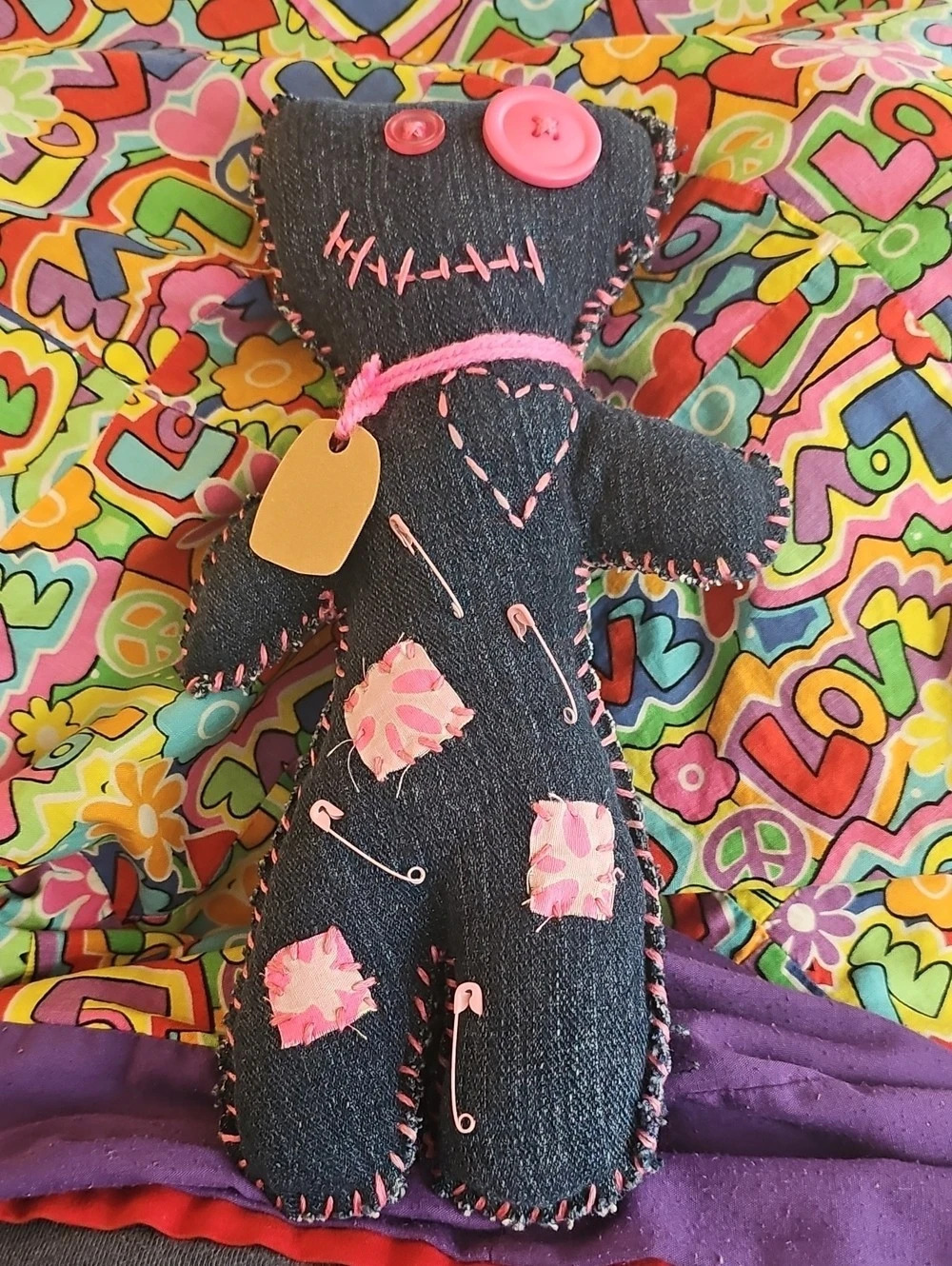 Hand Crafted 10" Denim Doll Pink, Blue, Black